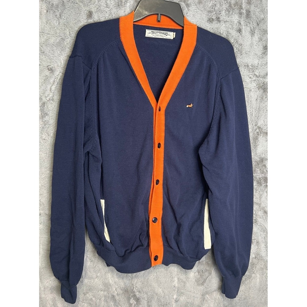 Akoo Mens Navy Blue Orange Contrast Trim Fox Logo Cotton Cardigan Sweater XL